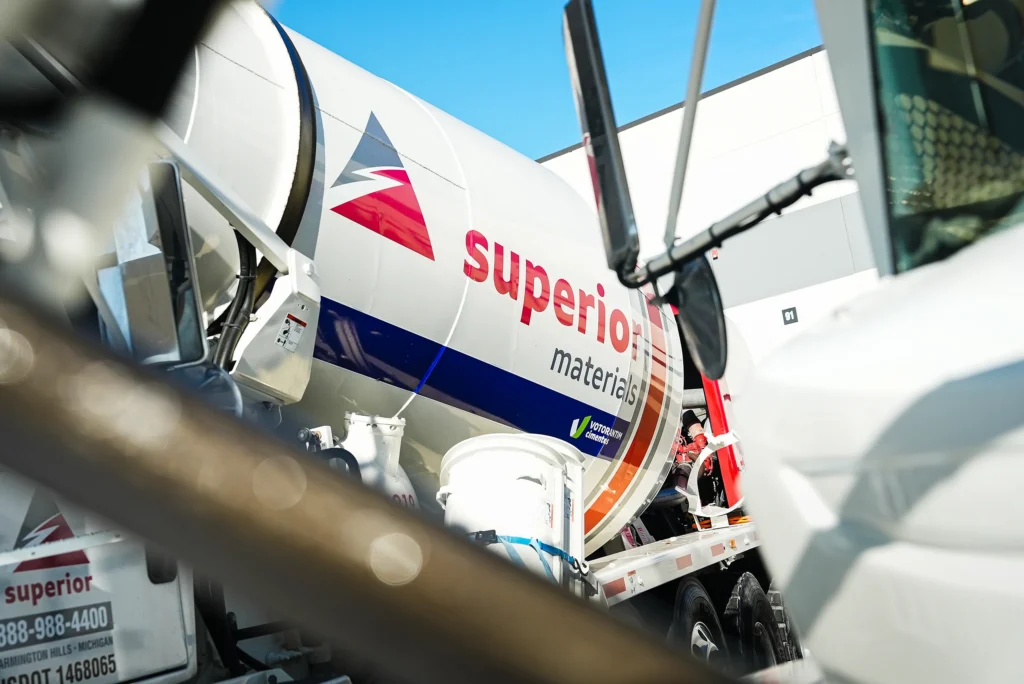 Regional Cement Suppliers - close-up of a Superior Materials mixer truck drum